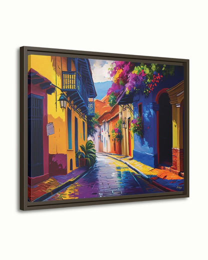 Cartagena Colombia Old Town Wall Art Print Canvas Framed Canvas, Colorful Colonial Street Balcony, Bougainvillea, Caribbean Travel Home Decor