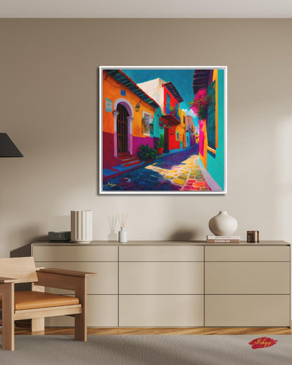Oversized Mexican Street Canvas Wall Art, Colonial Alley Framed Canvas Print, Extra Large Textured Terracotta Decor, Housewarming Gift SEO tags: oversized wall art, extra large wall art, textured wall art, apartment decor, mexican wall art, large wall art, mexico wall art, housewarming gift, terracotta wall art, maximalist decor, urban wall art, city wall art, canvas wall art