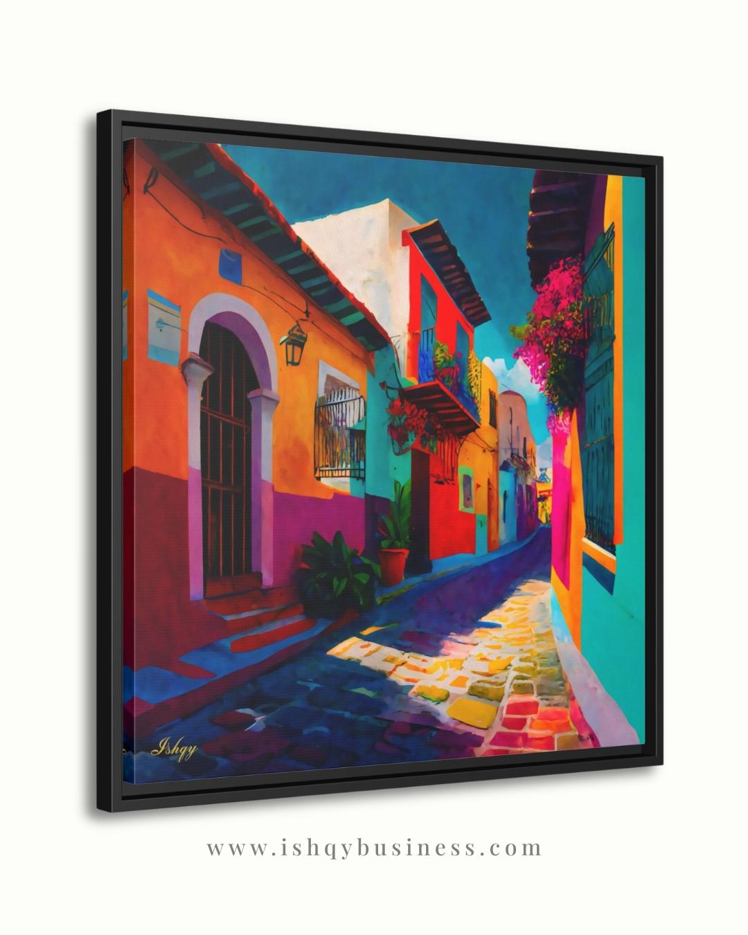 Oversized Mexican Street Canvas Wall Art, Colonial Alley Framed Canvas Print, Extra Large Textured Terracotta Decor, Housewarming Gift SEO tags: oversized wall art, extra large wall art, textured wall art, apartment decor, mexican wall art, large wall art, mexico wall art, housewarming gift, terracotta wall art, maximalist decor, urban wall art, city wall art, canvas wall art