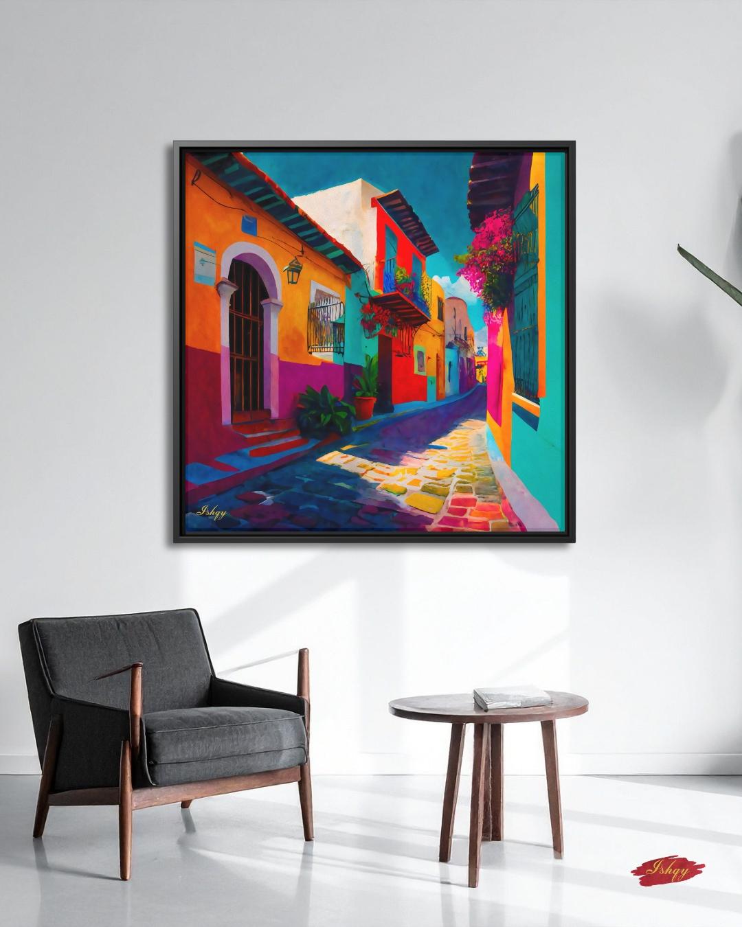 Oversized Mexican Street Canvas Wall Art, Colonial Alley Framed Canvas Print, Extra Large Textured Terracotta Decor, Housewarming Gift SEO tags: oversized wall art, extra large wall art, textured wall art, apartment decor, mexican wall art, large wall art, mexico wall art, housewarming gift, terracotta wall art, maximalist decor, urban wall art, city wall art, canvas wall art
