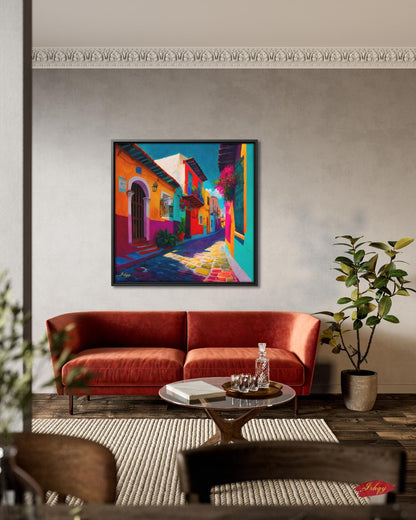Oversized Mexican Street Canvas Wall Art, Colonial Alley Framed Canvas Print, Extra Large Textured Terracotta Decor, Housewarming Gift SEO tags: oversized wall art, extra large wall art, textured wall art, apartment decor, mexican wall art, large wall art, mexico wall art, housewarming gift, terracotta wall art, maximalist decor, urban wall art, city wall art, canvas wall art