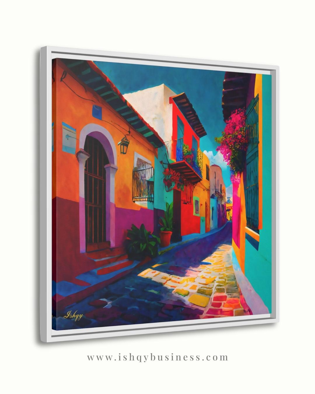 Oversized Mexican Street Canvas Wall Art, Colonial Alley Framed Canvas Print, Extra Large Textured Terracotta Decor, Housewarming Gift SEO tags: oversized wall art, extra large wall art, textured wall art, apartment decor, mexican wall art, large wall art, mexico wall art, housewarming gift, terracotta wall art, maximalist decor, urban wall art, city wall art, canvas wall art