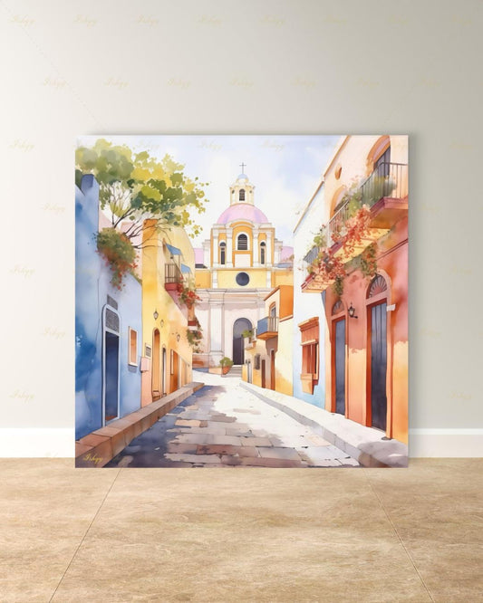 El Salvador Canvas Wall Art, Colorful Colonial Town Framed Canvas Print, Watercolor Latin American Cityscape Painting, Living Room Decor