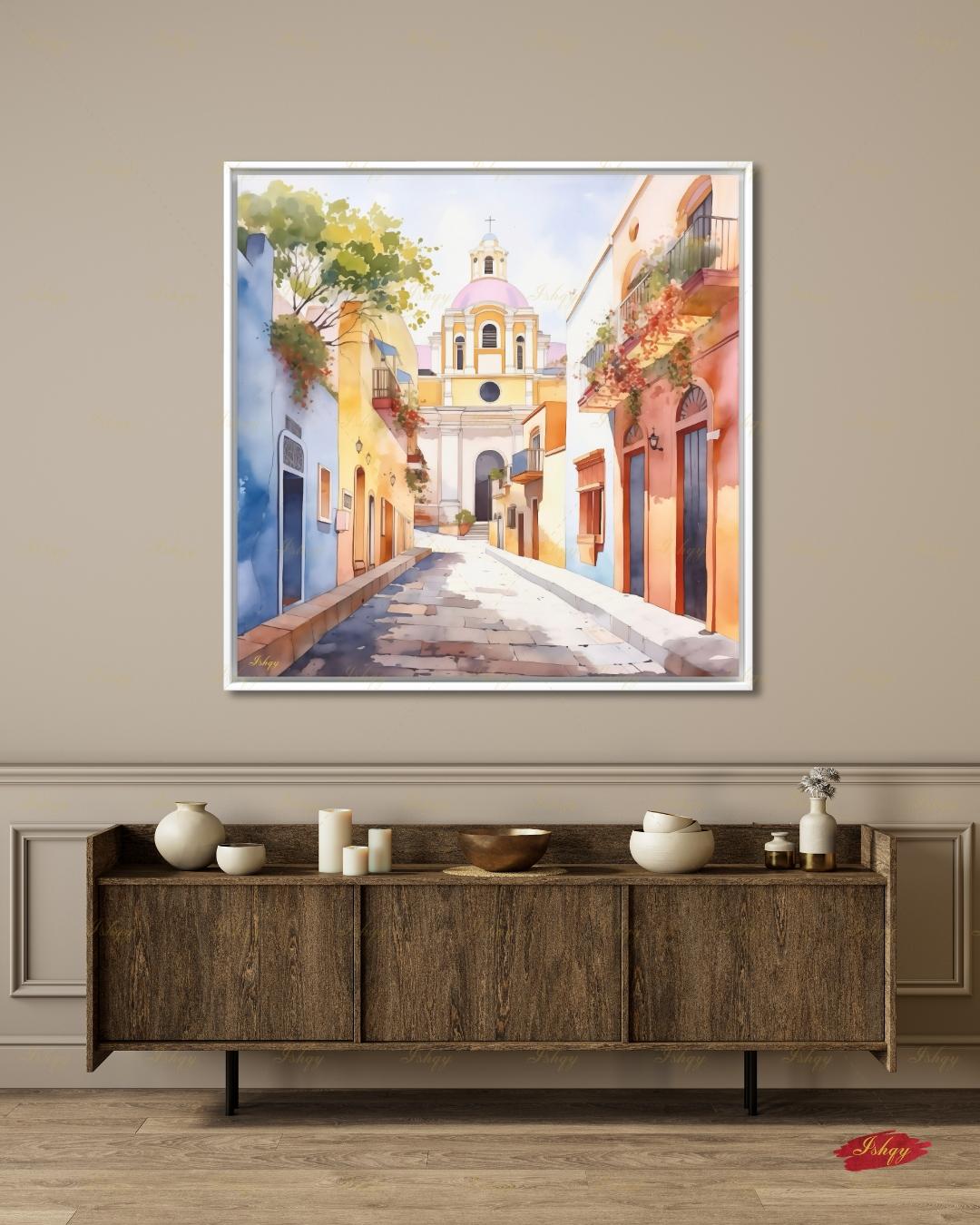 El Salvador Canvas Wall Art, Colorful Colonial Town Framed Canvas Print, Watercolor Latin American Cityscape Painting, Living Room Decor