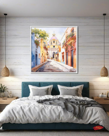El Salvador Canvas Wall Art, Colorful Colonial Town Framed Canvas Print, Watercolor Latin American Cityscape Painting, Living Room Decor