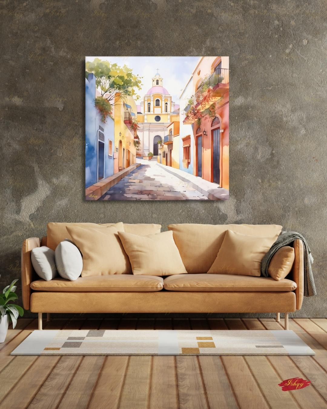 El Salvador Canvas Wall Art, Colorful Colonial Town Framed Canvas Print, Watercolor Latin American Cityscape Painting, Living Room Decor