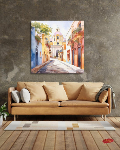 El Salvador Canvas Wall Art, Colorful Colonial Town Framed Canvas Print, Watercolor Latin American Cityscape Painting, Living Room Decor