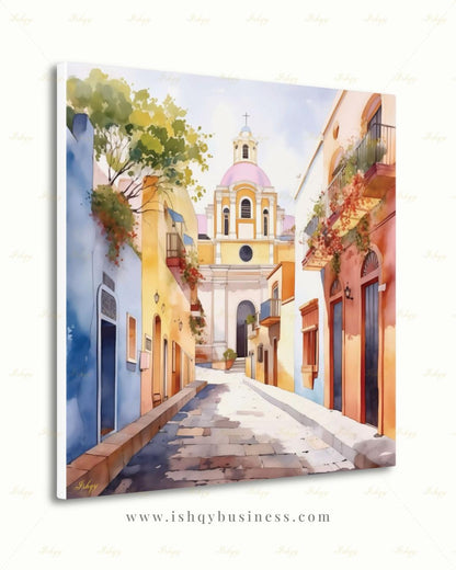 El Salvador Canvas Wall Art, Colorful Colonial Town Framed Canvas Print, Watercolor Latin American Cityscape Painting, Living Room Decor