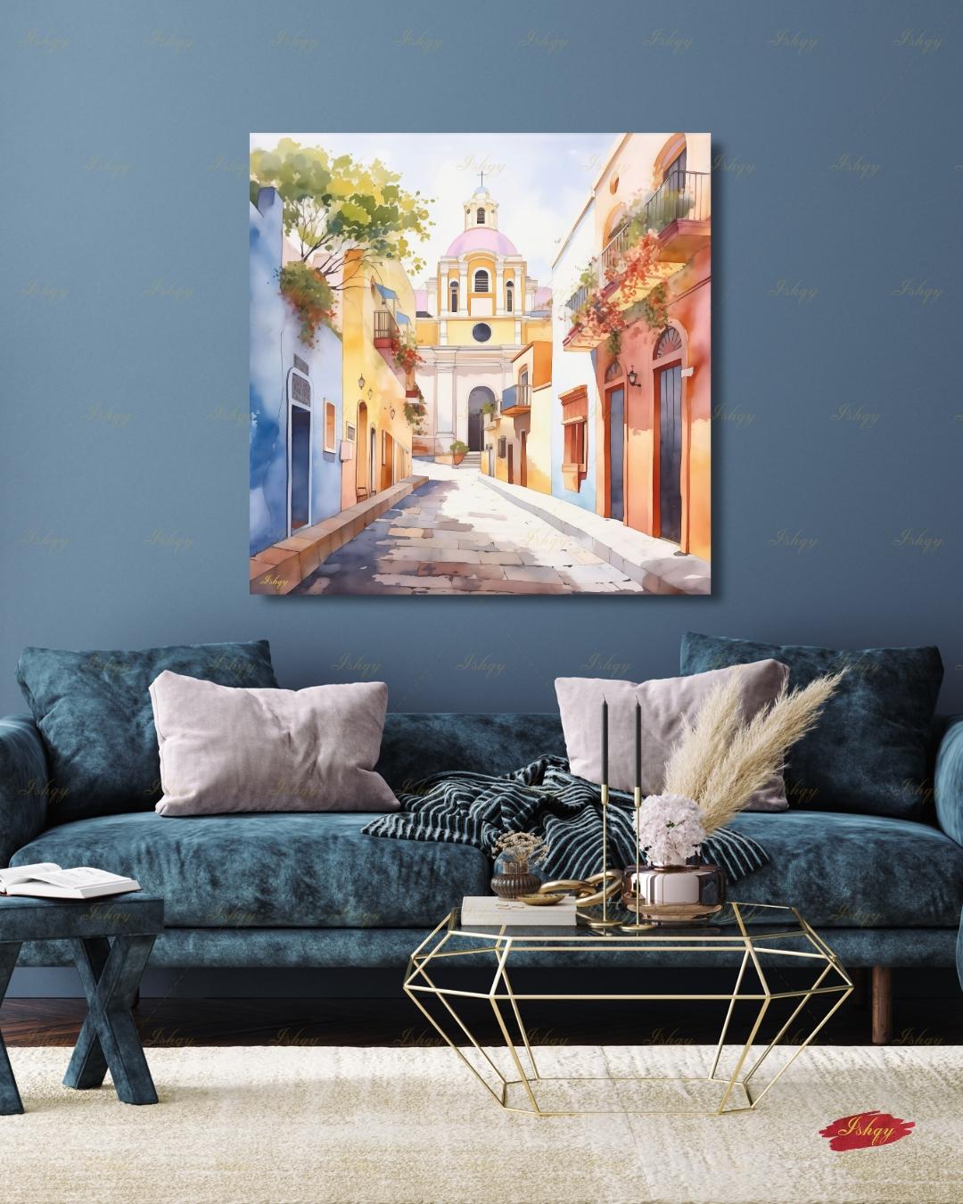 El Salvador Canvas Wall Art, Colorful Colonial Town Framed Canvas Print, Watercolor Latin American Cityscape Painting, Living Room Decor