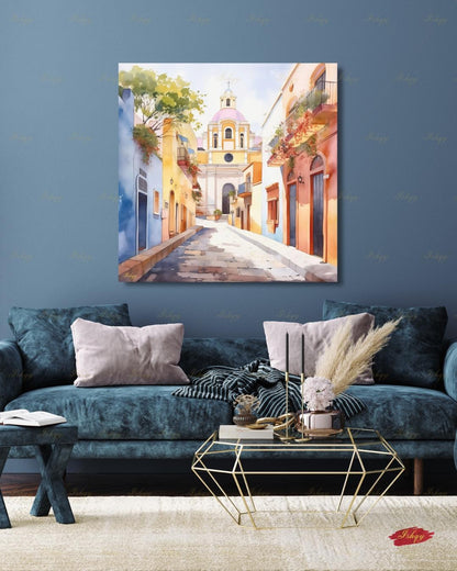 El Salvador Canvas Wall Art, Colorful Colonial Town Framed Canvas Print, Watercolor Latin American Cityscape Painting, Living Room Decor