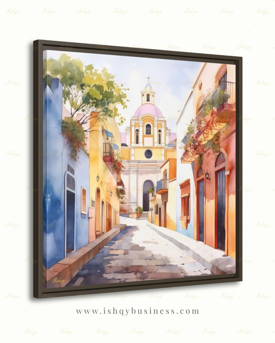 El Salvador Canvas Wall Art, Colorful Colonial Town Framed Canvas Print, Watercolor Latin American Cityscape Painting, Living Room Decor