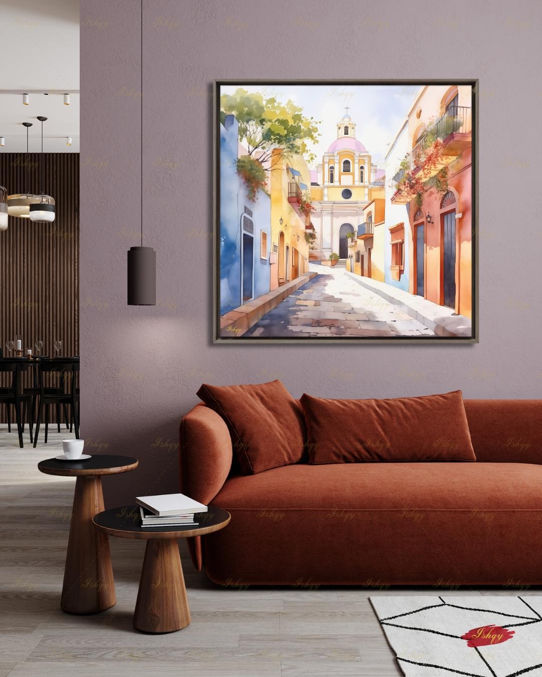 El Salvador Canvas Wall Art, Colorful Colonial Town Framed Canvas Print, Watercolor Latin American Cityscape Painting, Living Room Decor