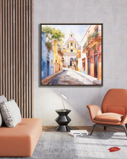 El Salvador Canvas Wall Art, Colorful Colonial Town Framed Canvas Print, Watercolor Latin American Cityscape Painting, Living Room Decor