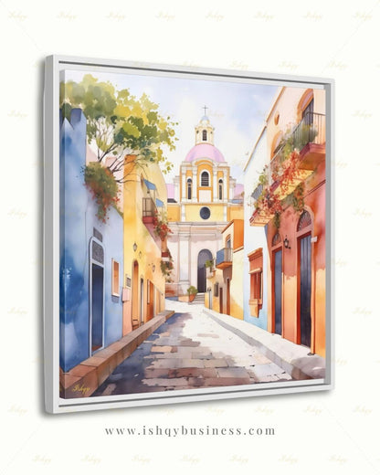 El Salvador Canvas Wall Art, Colorful Colonial Town Framed Canvas Print, Watercolor Latin American Cityscape Painting, Living Room Decor