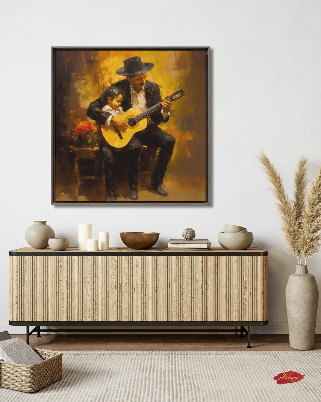 Mexican Mariachi Guitarist Art, Ranchera Music Wall Art Canvas, Charro Guitar Painting, Latin Folk Artwork for Living Room Decor