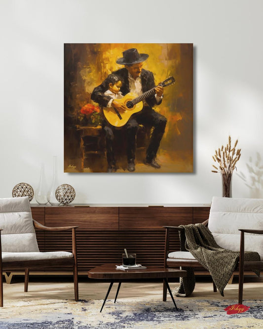 Mexican Mariachi Guitarist Art, Ranchera Music Wall Art Canvas, Charro Guitar Painting, Latin Folk Artwork for Living Room Decor