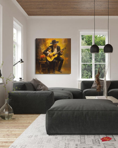Mexican Mariachi Guitarist Art, Ranchera Music Wall Art Canvas, Charro Guitar Painting, Latin Folk Artwork for Living Room Decor