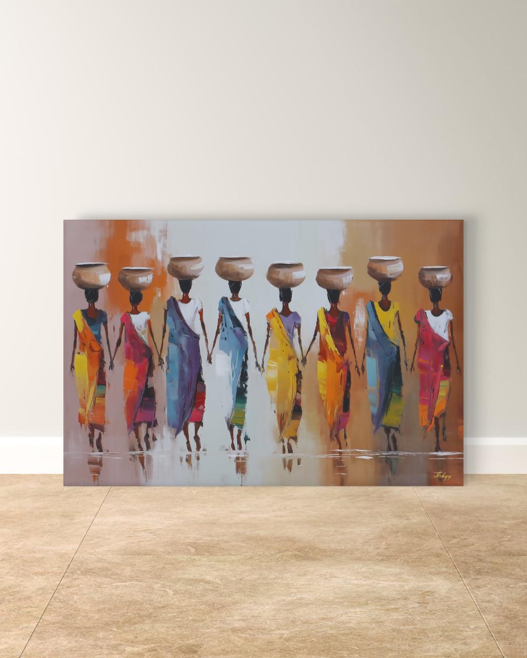 African Women Carrying Pots Wall Art, Colorful Figurative Painting, Tribal Culture Canvas Print, Global Home Decor, Ethnic Art