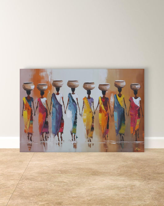 African Women Carrying Pots Wall Art, Colorful Figurative Painting, Tribal Culture Canvas Print, Global Home Decor, Ethnic Art