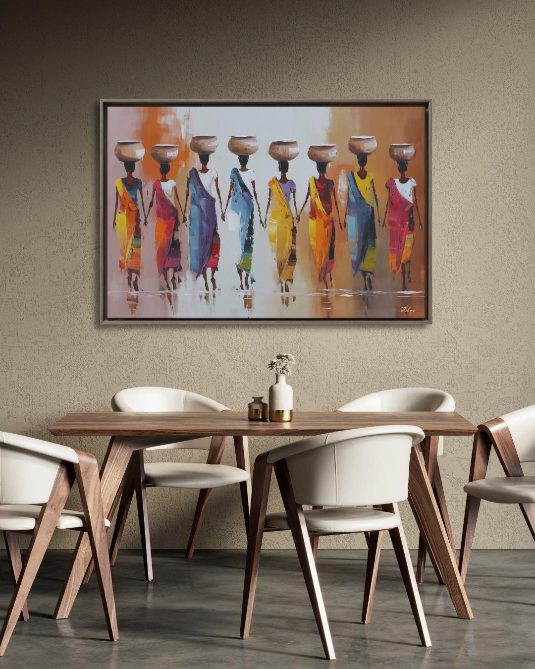 African Women Carrying Pots Wall Art, Colorful Figurative Painting, Tribal Culture Canvas Print, Global Home Decor, Ethnic Art