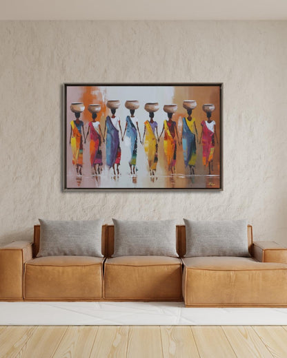 African Women Carrying Pots Wall Art, Colorful Figurative Painting, Tribal Culture Canvas Print, Global Home Decor, Ethnic Art