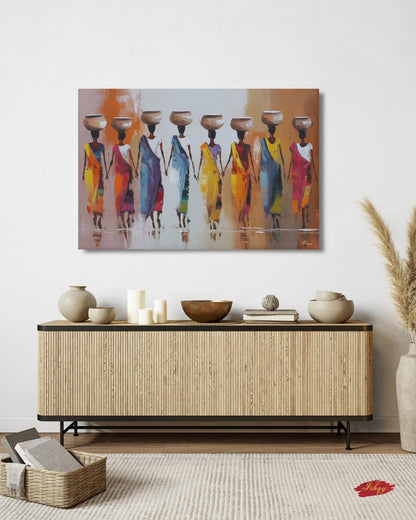 African Women Carrying Pots Wall Art, Colorful Figurative Painting, Tribal Culture Canvas Print, Global Home Decor, Ethnic Art