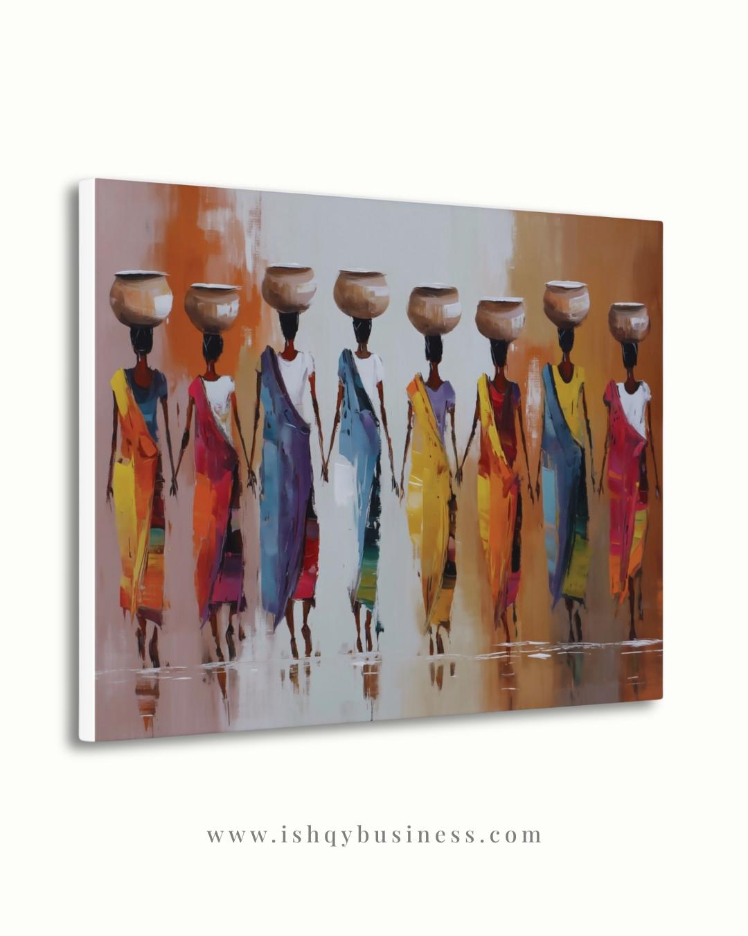 African Women Carrying Pots Wall Art, Colorful Figurative Painting, Tribal Culture Canvas Print, Global Home Decor, Ethnic Art