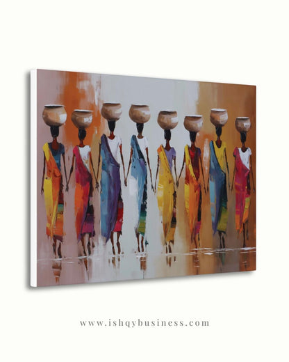 African Women Carrying Pots Wall Art, Colorful Figurative Painting, Tribal Culture Canvas Print, Global Home Decor, Ethnic Art