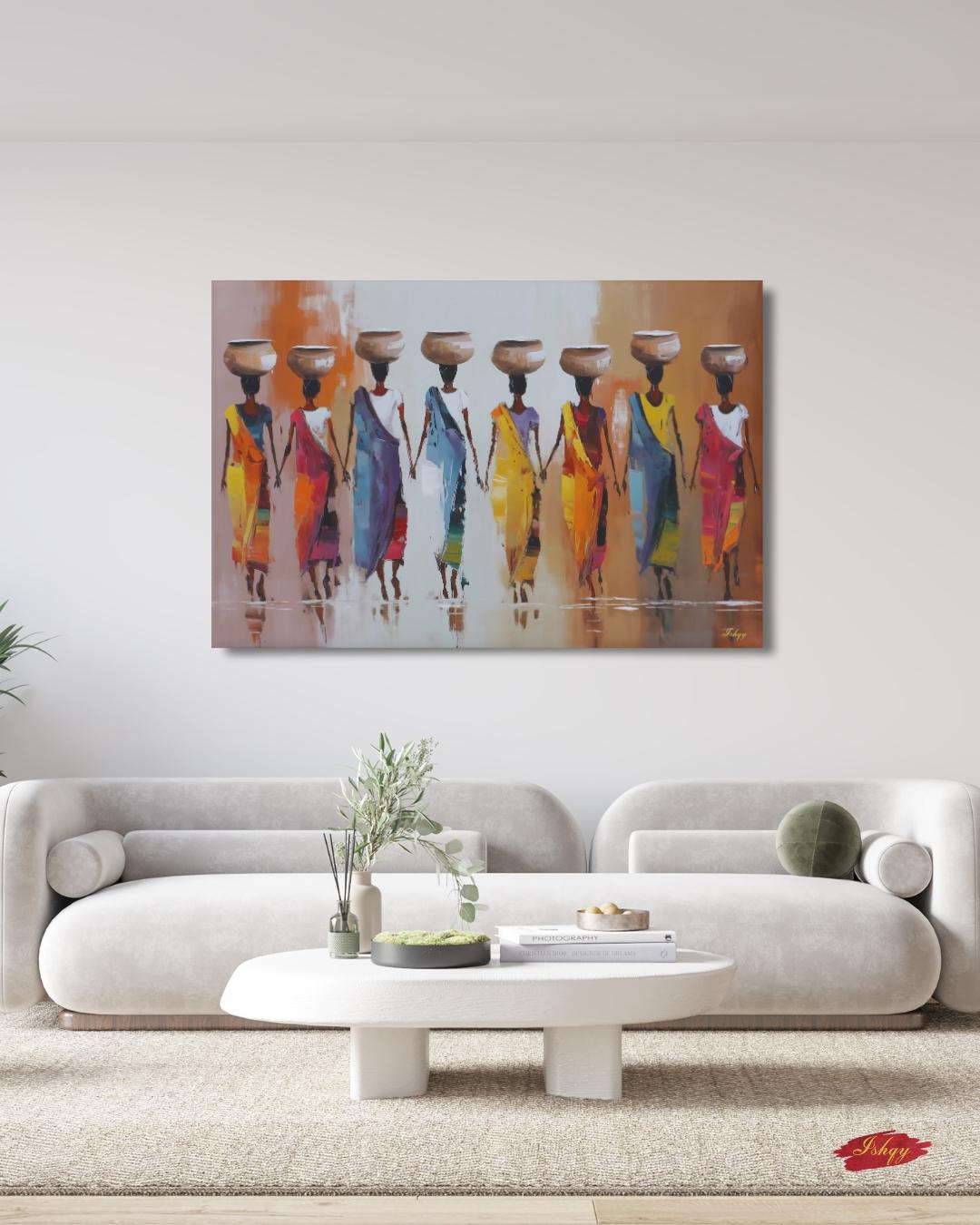 African Women Carrying Pots Wall Art, Colorful Figurative Painting, Tribal Culture Canvas Print, Global Home Decor, Ethnic Art