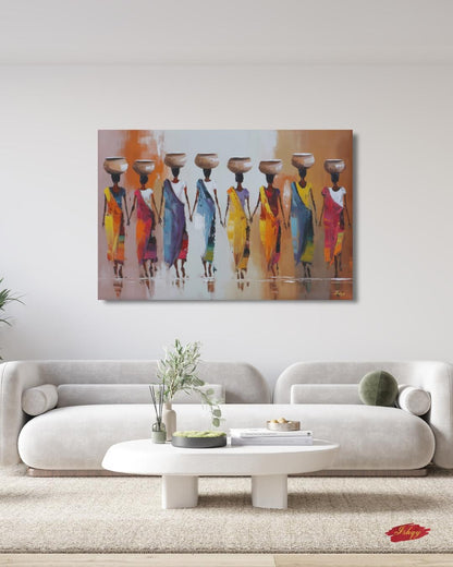 African Women Carrying Pots Wall Art, Colorful Figurative Painting, Tribal Culture Canvas Print, Global Home Decor, Ethnic Art