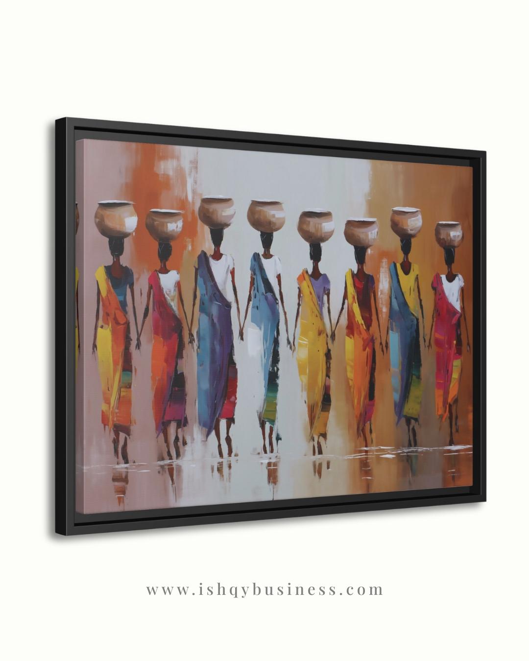 African Women Carrying Pots Wall Art, Colorful Figurative Painting, Tribal Culture Canvas Print, Global Home Decor, Ethnic Art