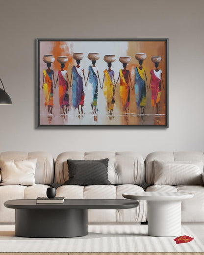 African Women Carrying Pots Wall Art, Colorful Figurative Painting, Tribal Culture Canvas Print, Global Home Decor, Ethnic Art