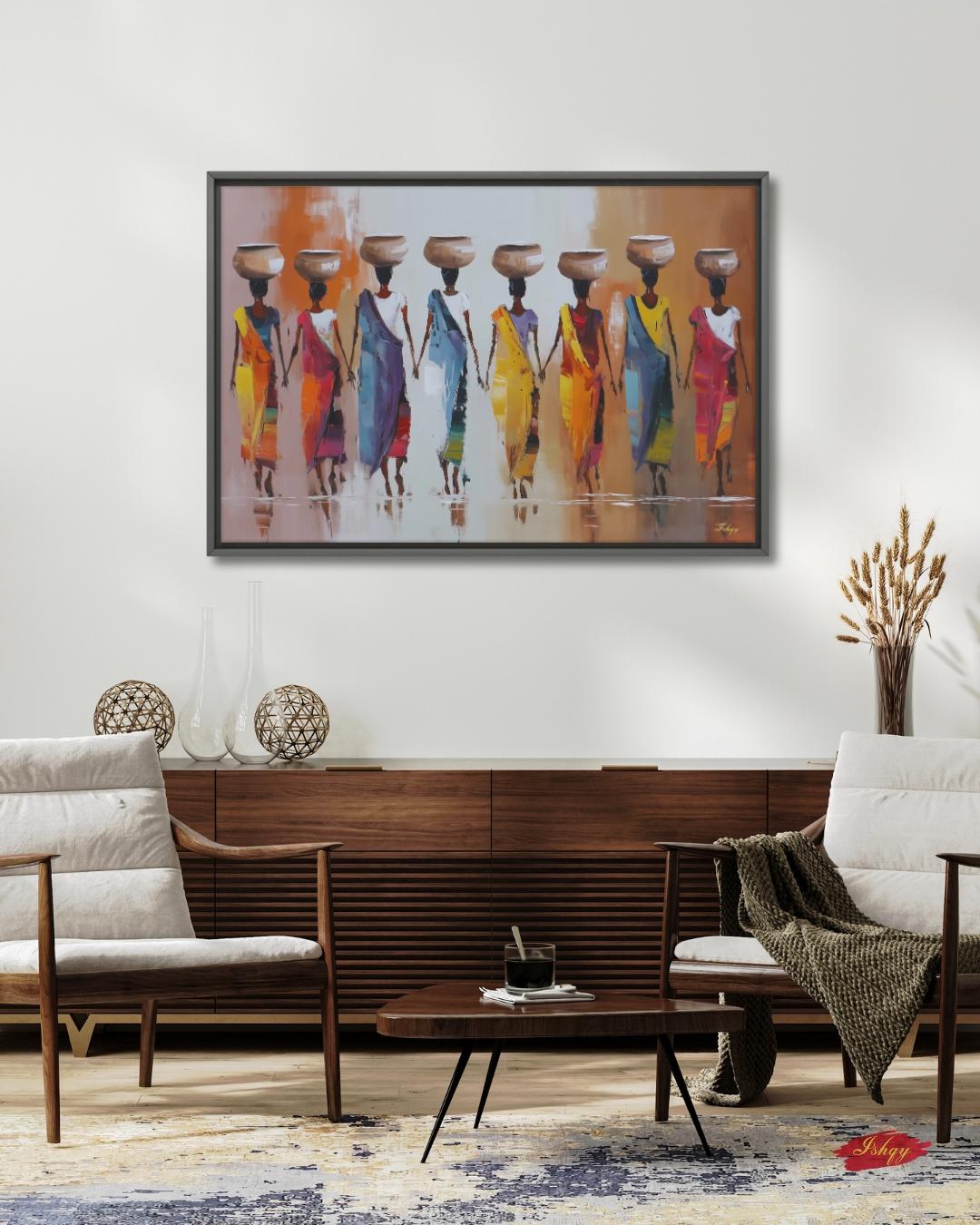 African Women Carrying Pots Wall Art, Colorful Figurative Painting, Tribal Culture Canvas Print, Global Home Decor, Ethnic Art
