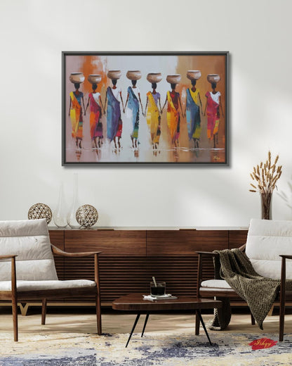 African Women Carrying Pots Wall Art, Colorful Figurative Painting, Tribal Culture Canvas Print, Global Home Decor, Ethnic Art