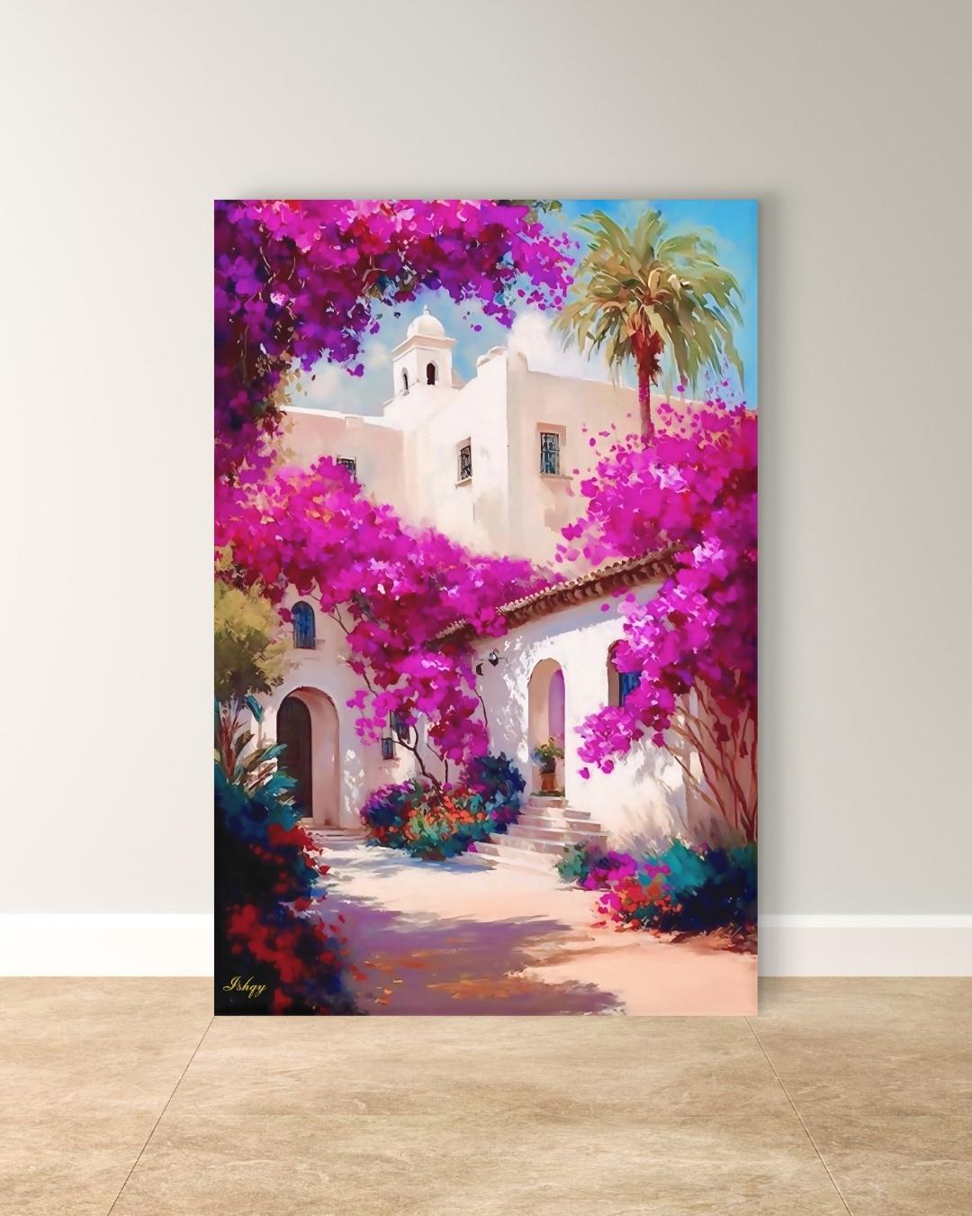 Spanish Courtyard Wall Art, Mediterranean Architecture Canvas, Bougainvillea Garden Painting, Coastal Home Decor Sunlit Villa Patio Artwork