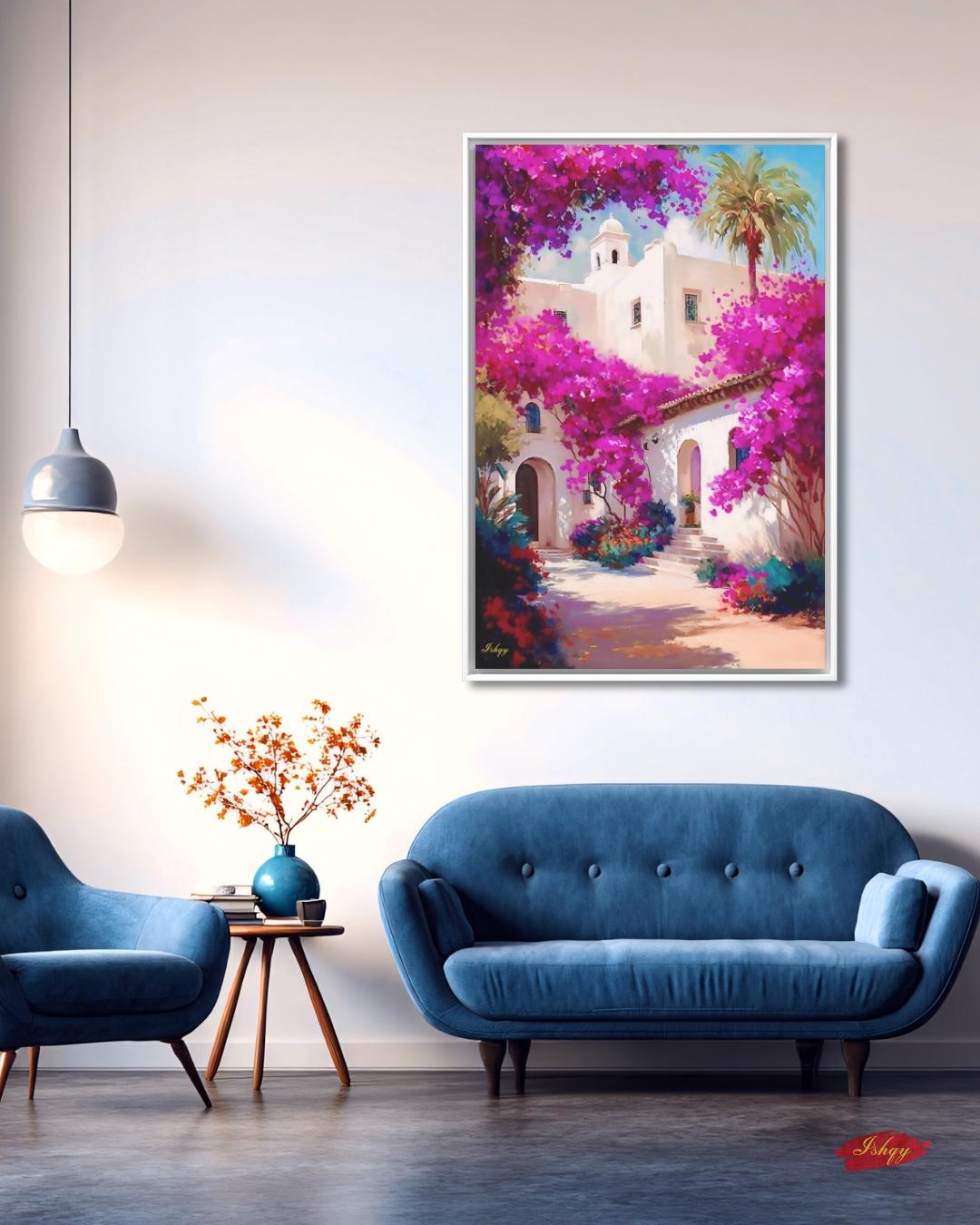 Spanish Courtyard Wall Art, Mediterranean Architecture Canvas, Bougainvillea Garden Painting, Coastal Home Decor Sunlit Villa Patio Artwork