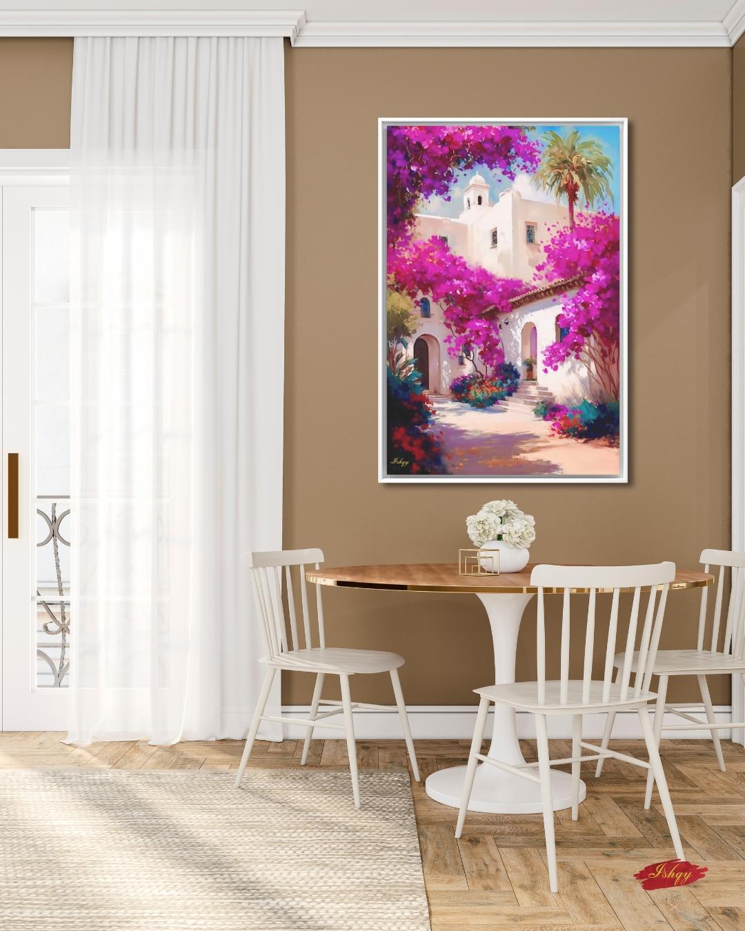 Spanish Courtyard Wall Art, Mediterranean Architecture Canvas, Bougainvillea Garden Painting, Coastal Home Decor Sunlit Villa Patio Artwork