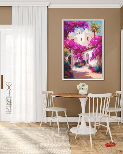 Spanish Courtyard Wall Art, Mediterranean Architecture Canvas, Bougainvillea Garden Painting, Coastal Home Decor Sunlit Villa Patio Artwork