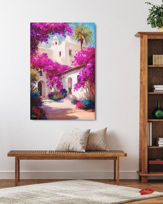 Spanish Courtyard Wall Art, Mediterranean Architecture Canvas, Bougainvillea Garden Painting, Coastal Home Decor Sunlit Villa Patio Artwork