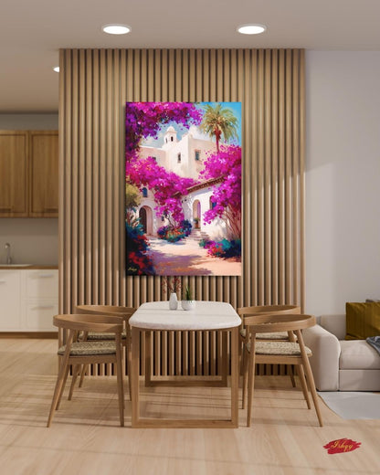 Spanish Courtyard Wall Art, Mediterranean Architecture Canvas, Bougainvillea Garden Painting, Coastal Home Decor Sunlit Villa Patio Artwork