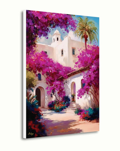 Spanish Courtyard Wall Art, Mediterranean Architecture Canvas, Bougainvillea Garden Painting, Coastal Home Decor Sunlit Villa Patio Artwork
