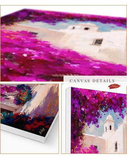 Spanish Courtyard Wall Art, Mediterranean Architecture Canvas, Bougainvillea Garden Painting, Coastal Home Decor Sunlit Villa Patio Artwork