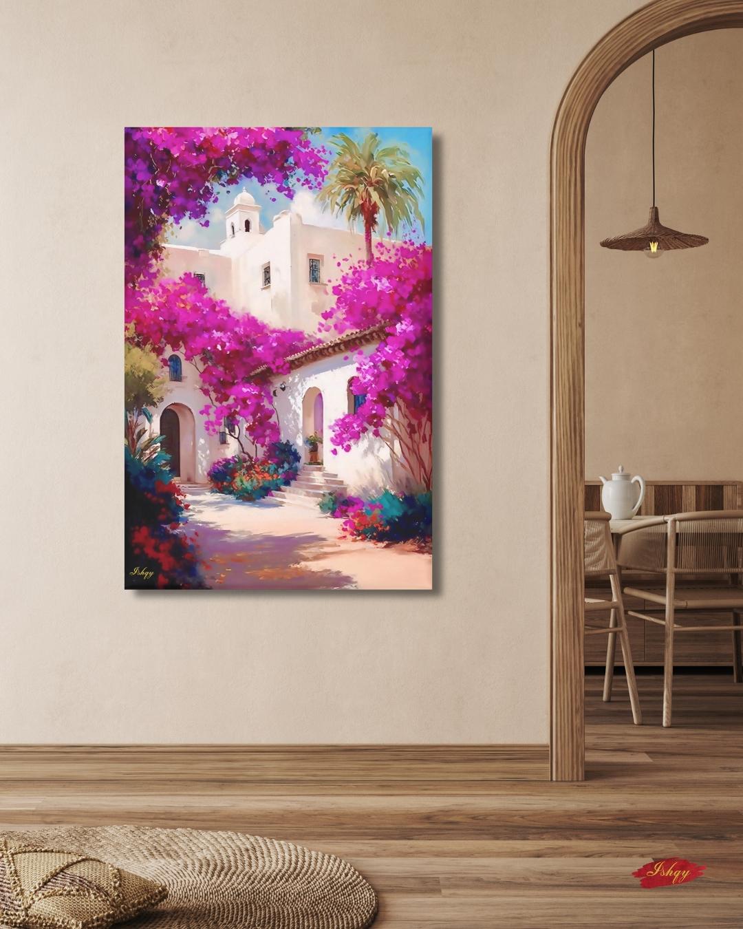 Spanish Courtyard Wall Art, Mediterranean Architecture Canvas, Bougainvillea Garden Painting, Coastal Home Decor Sunlit Villa Patio Artwork