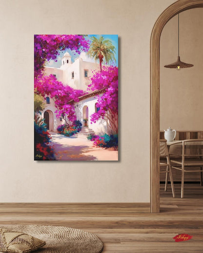 Spanish Courtyard Wall Art, Mediterranean Architecture Canvas, Bougainvillea Garden Painting, Coastal Home Decor Sunlit Villa Patio Artwork