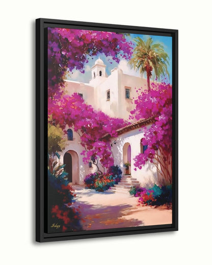 Spanish Courtyard Wall Art, Mediterranean Architecture Canvas, Bougainvillea Garden Painting, Coastal Home Decor Sunlit Villa Patio Artwork