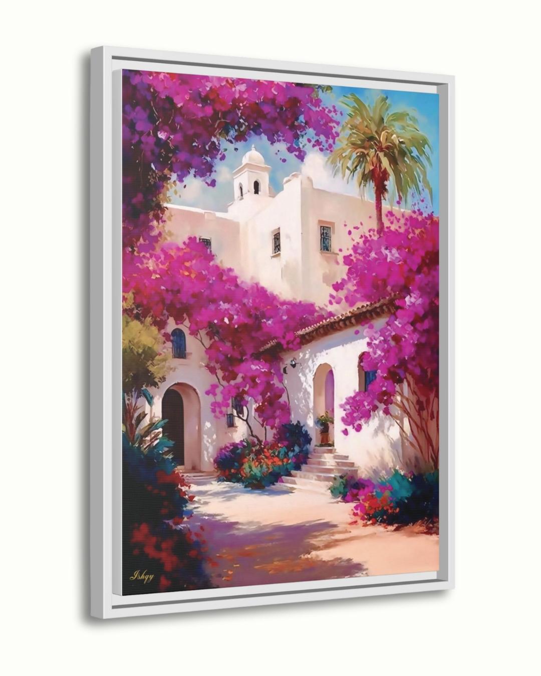 Spanish Courtyard Wall Art, Mediterranean Architecture Canvas, Bougainvillea Garden Painting, Coastal Home Decor Sunlit Villa Patio Artwork