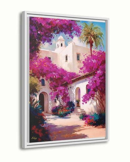 Spanish Courtyard Wall Art, Mediterranean Architecture Canvas, Bougainvillea Garden Painting, Coastal Home Decor Sunlit Villa Patio Artwork