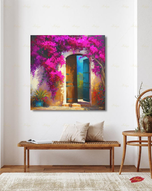 Colombia Wall Art Colombian Art Prints Bougainvillea Doorway Painting Canvas Wall Art Framed Canvas Print, Extra Large, Housewarming Gift