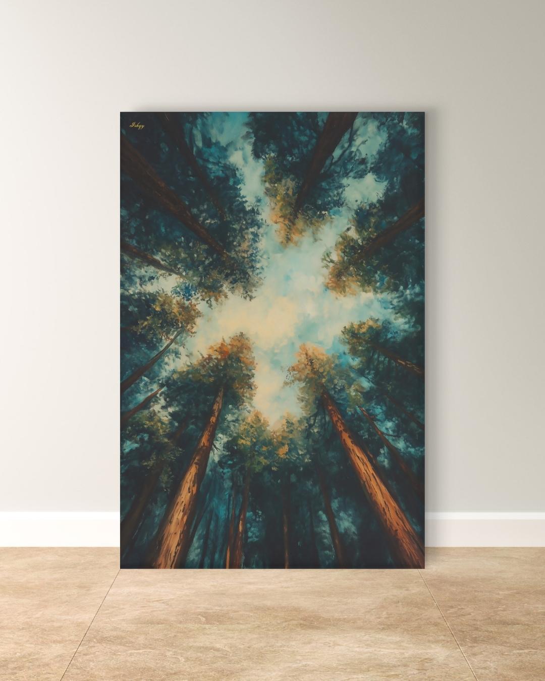 Redwood Forest Canopy Painting, California Nature Landscape Wall Art, Tranquil Tree Perspective Canvas for Living Room, Bedroom, or Office Decor