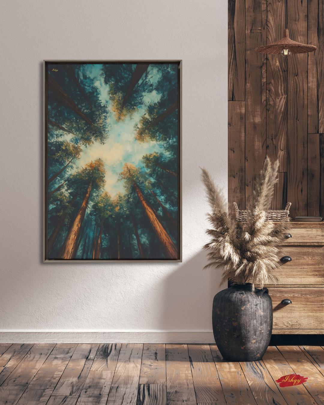 Redwood Forest Canopy Painting, California Nature Landscape Wall Art, Tranquil Tree Perspective Canvas for Living Room, Bedroom, or Office Decor